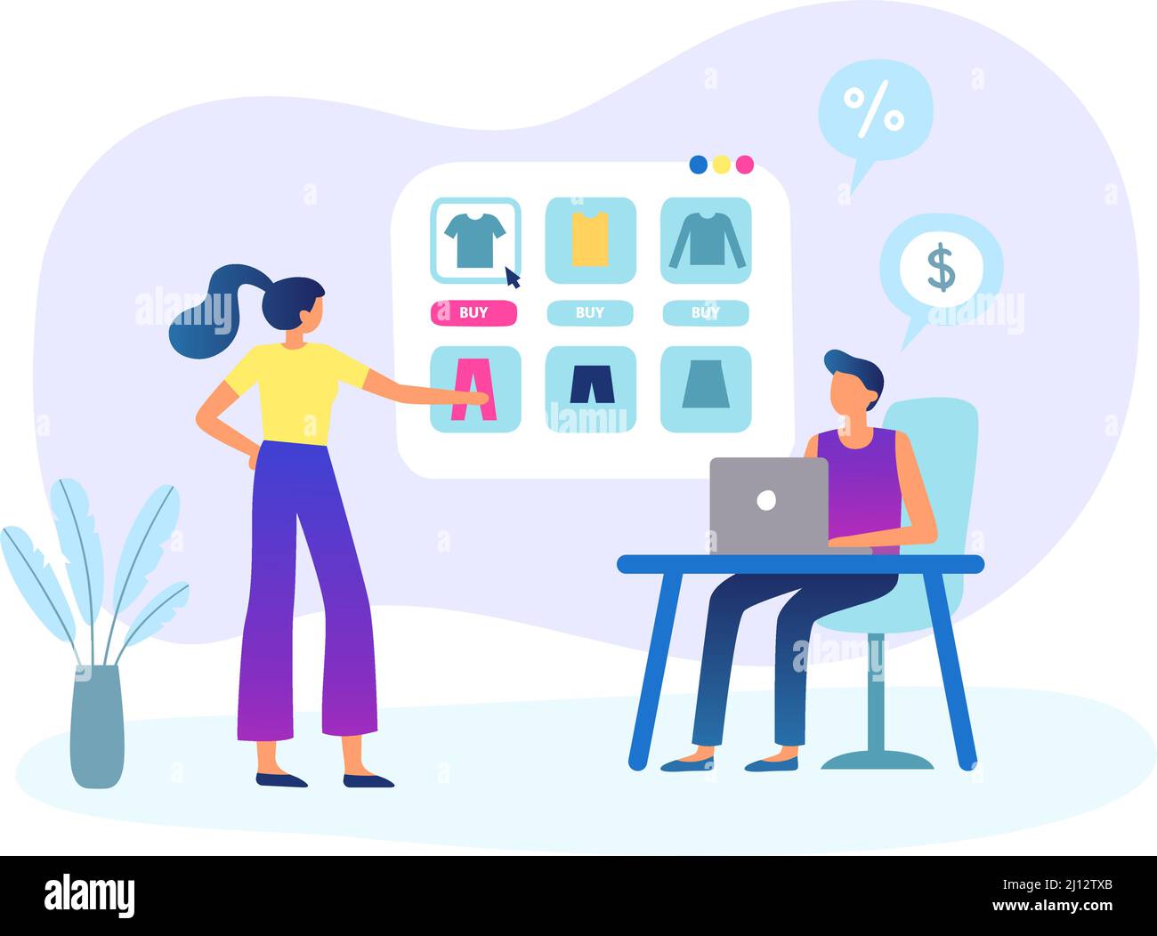 People buying in online shop. Man sitting at desk with laptop. Woman looking at screen with clothes, choosing outfit Stock Vector