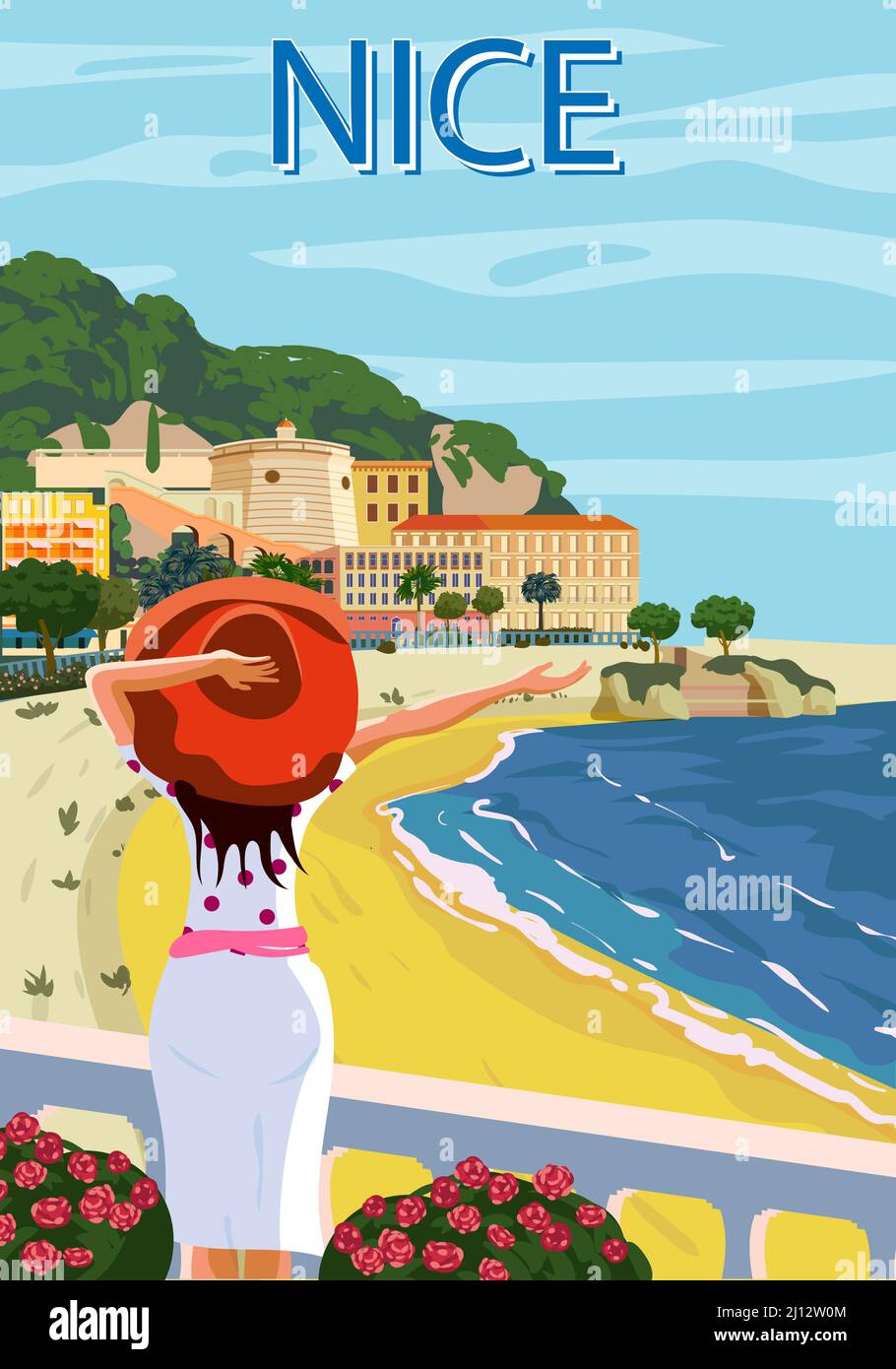 God Dank je Noordoosten Nice French Riviera coast poster vintage. Woman on vacation, resort, coast,  sea, beach. Retro style illustration vector Stock Vector Image & Art - Alamy