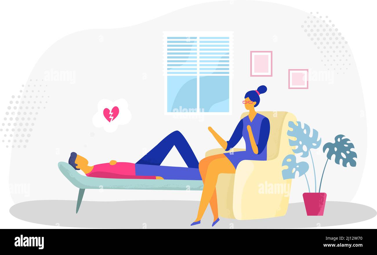 Psychotherapy session. Man lying on sofa in depression with broken heart. Female psychologist providing support Stock Vector