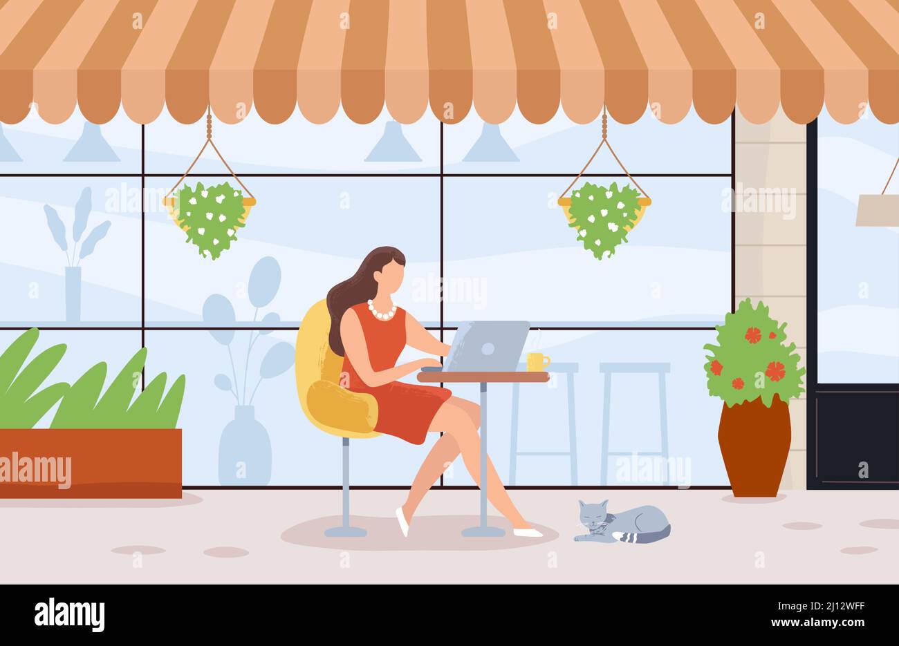 Woman working online with laptop. Female character sitting at table outdoor. Cartoon employee working remotely Stock Vector