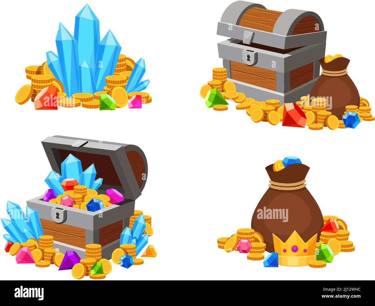 Cartoon treasure with gold coins and colorful gemstones. Open and closed chests, bag and money heaps Stock Vector