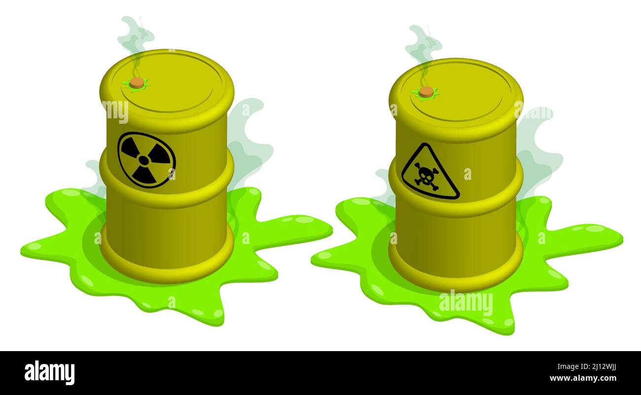 Isometric metal barrel with radioactive and chemical hazard sign. Storage and disposal of hazardous substances. Realistic 3D vector isolated on white Stock Vector
