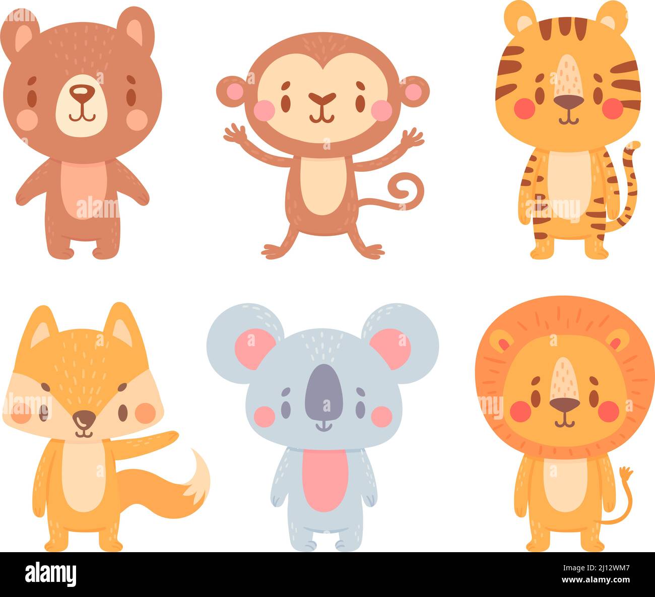 Cute cartoon animals. Wild adorable characters with smiling faces. Cartoon cute bear, monkey, tiger, fox, koala and lion Stock Vector