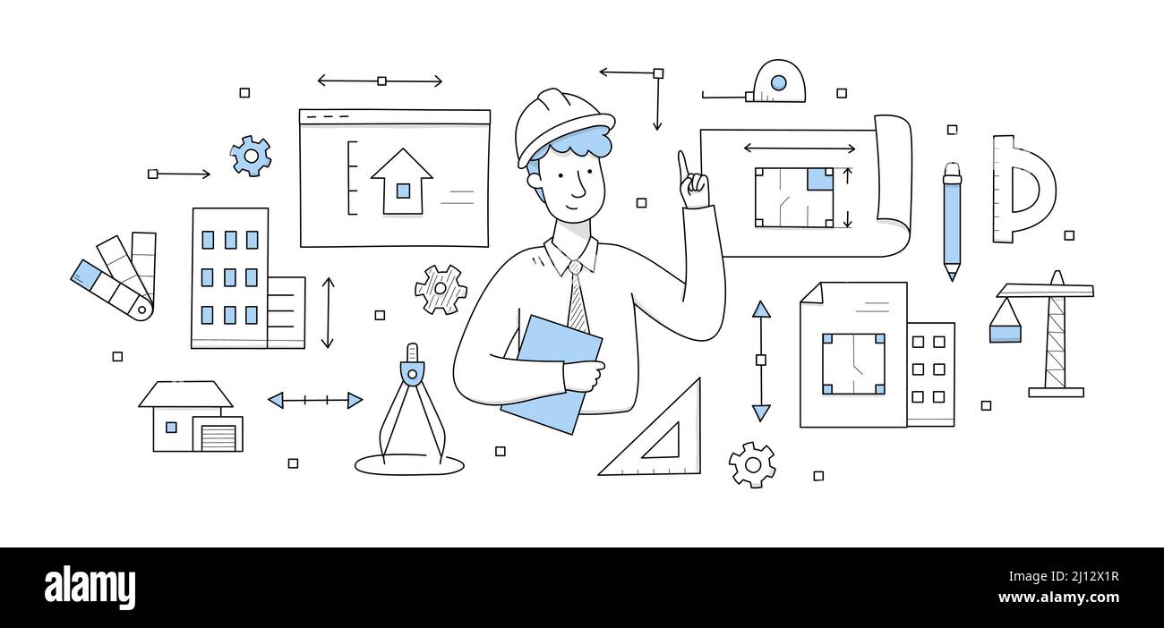 Architect worker holding blueprint, engineering and architecture job