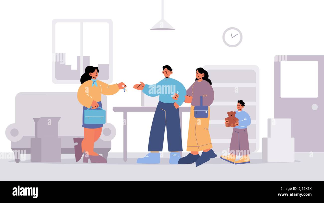 Family with child buying house, real estate agent giving keys to buyers