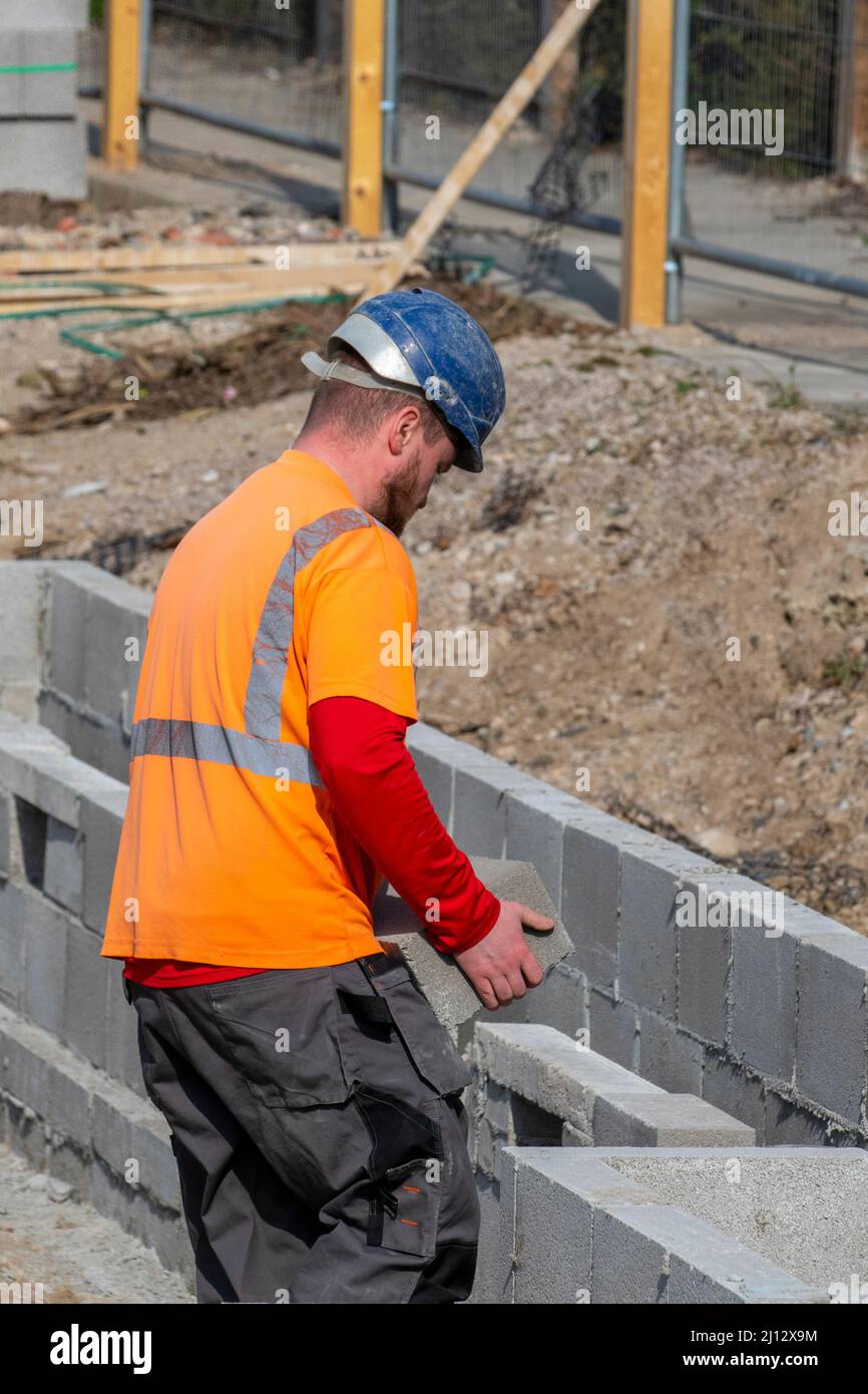 Bricklayer laying course of exterior bricks; Real estate developer and