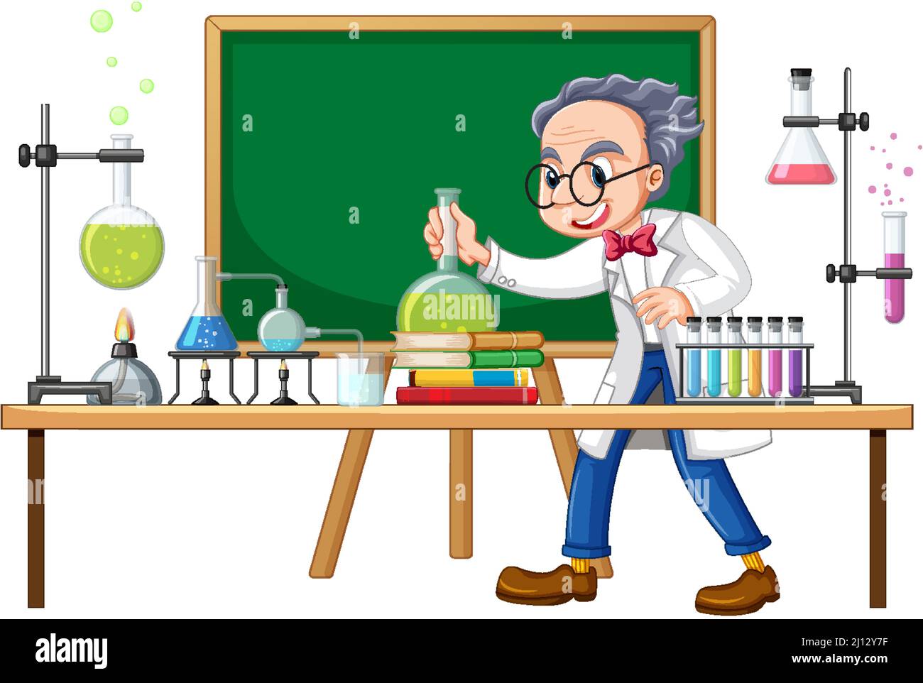 Scientist cartoon character with science lab objects illustration Stock Vector