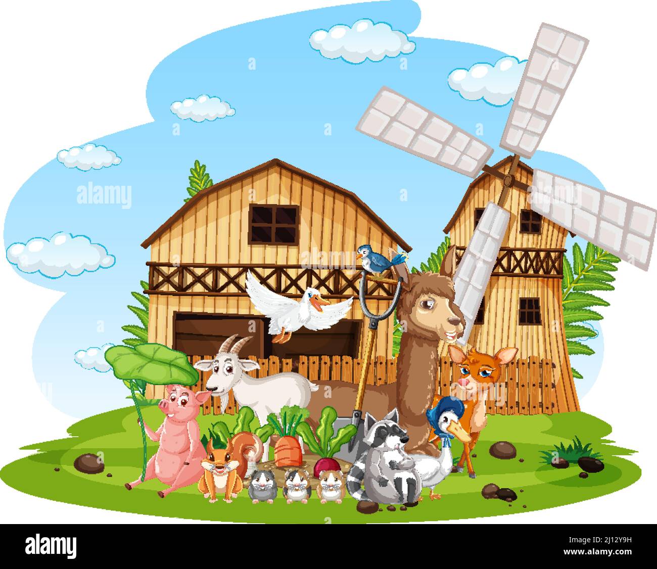 Scene with farm animals in the farm illustration Stock Vector Image ...