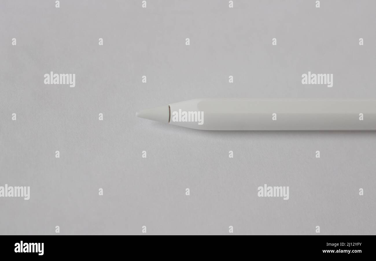 A stylus is a pen with a special silicone tip that needs to touch the touch surface of the monitor to control a smartphone, tablet Stock Photo