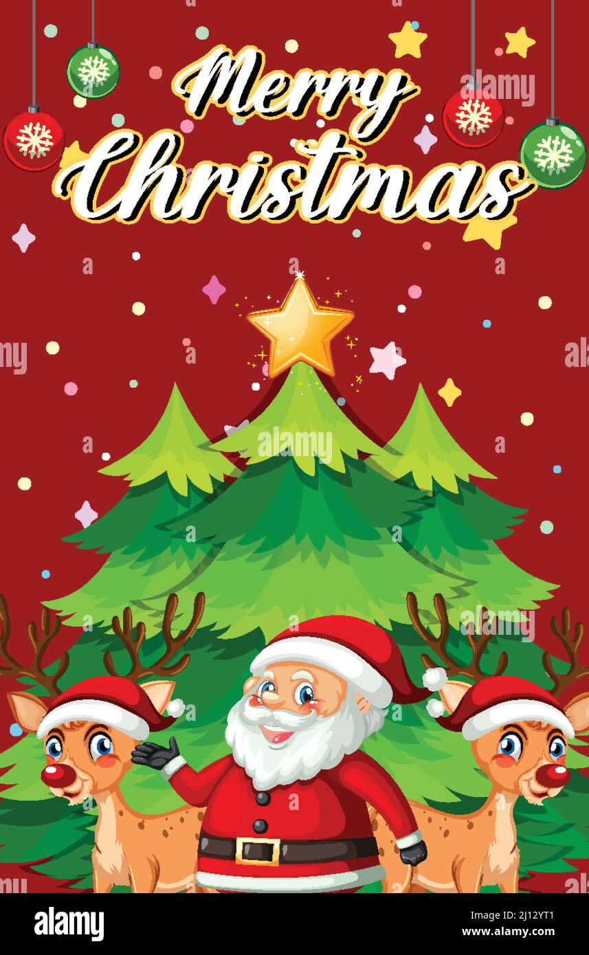 Merry Christmas Poster Design With Santa Claus And Reindeers