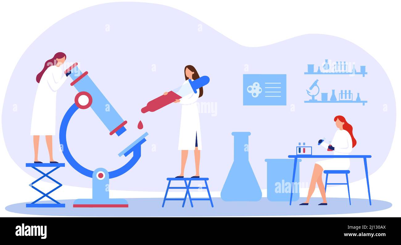 Science laboratory with scientists in uniform. Woman in rob doing research with microscope. Characters dropping blood Stock Vector