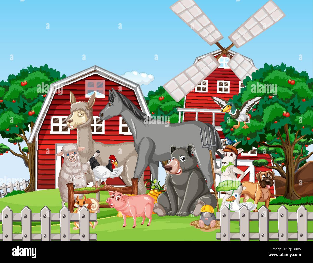 Farm scene with many animals illustration Stock Vector Image & Art - Alamy