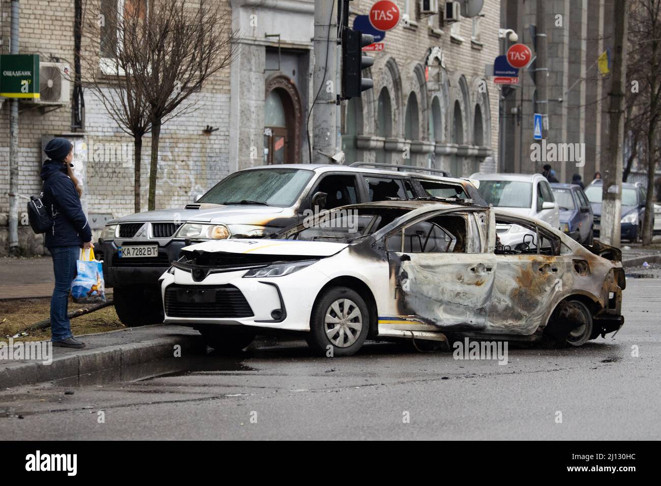 Burned and damaged police car in Kyiv, Ukraine on March 03, 2022
