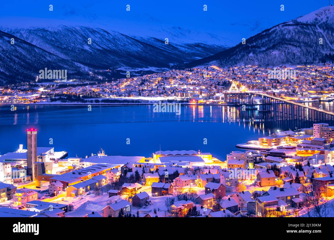 City lights of Tromso Northern Norway Scandinavian landscape Europe Stock Photo