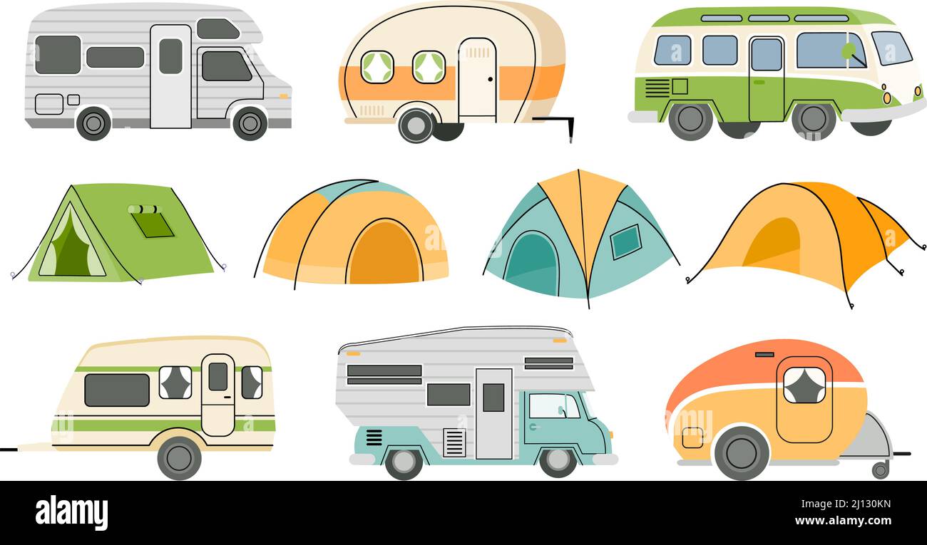 Cartoon camping RV trailers and cars, road motorhomes and tents. Camp caravan vehicle for nature vacation and summer travel van vector set Stock Vector