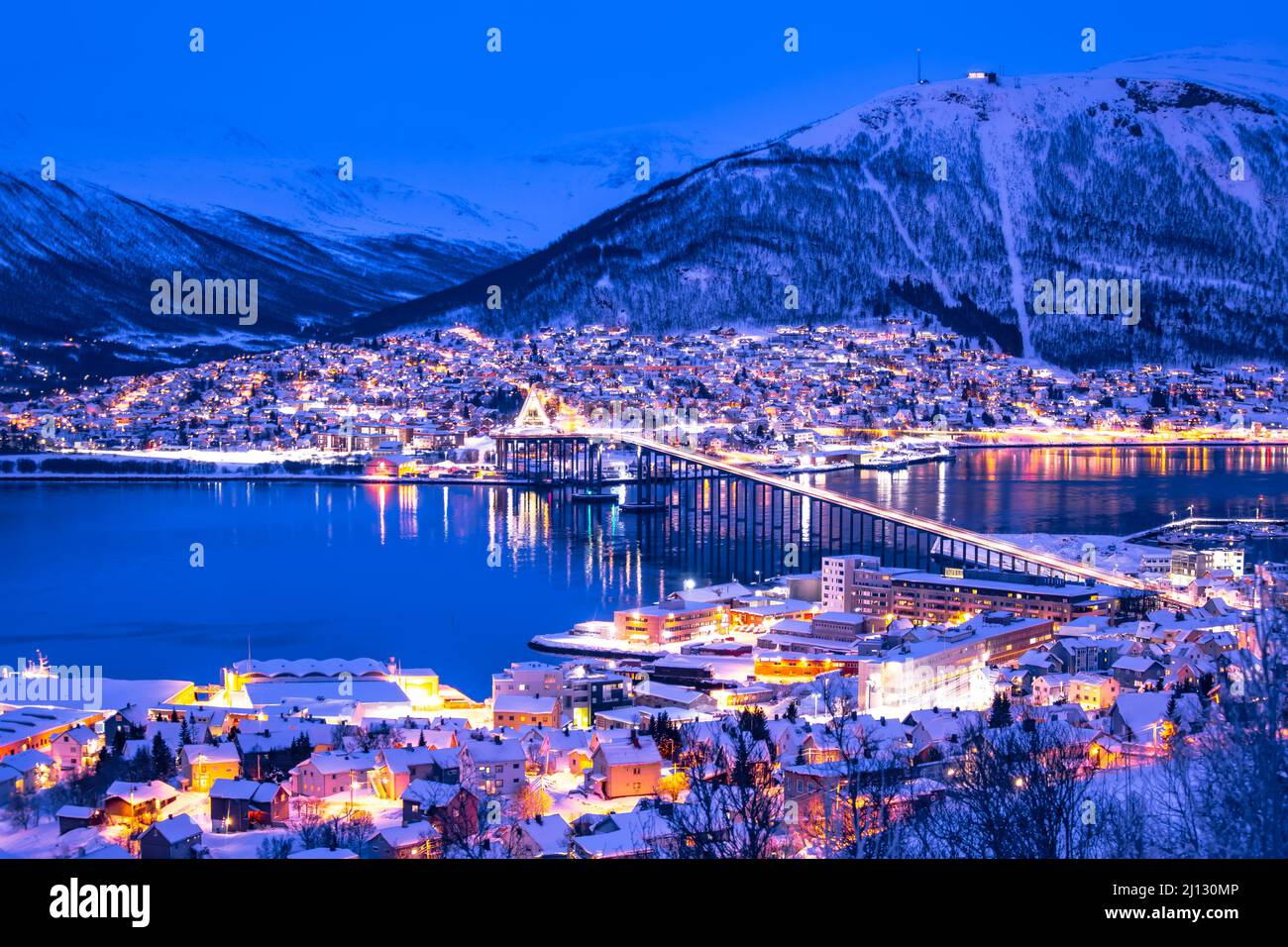 City lights of Tromso Northern Norway Scandinavian landscape Europe Stock Photo