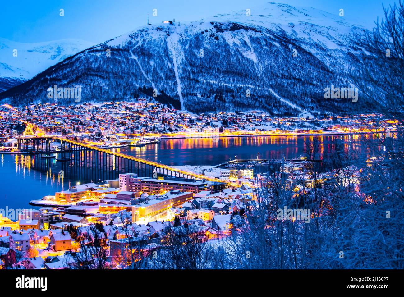 City lights of Tromso Northern Norway Scandinavian landscape Europe Stock Photo