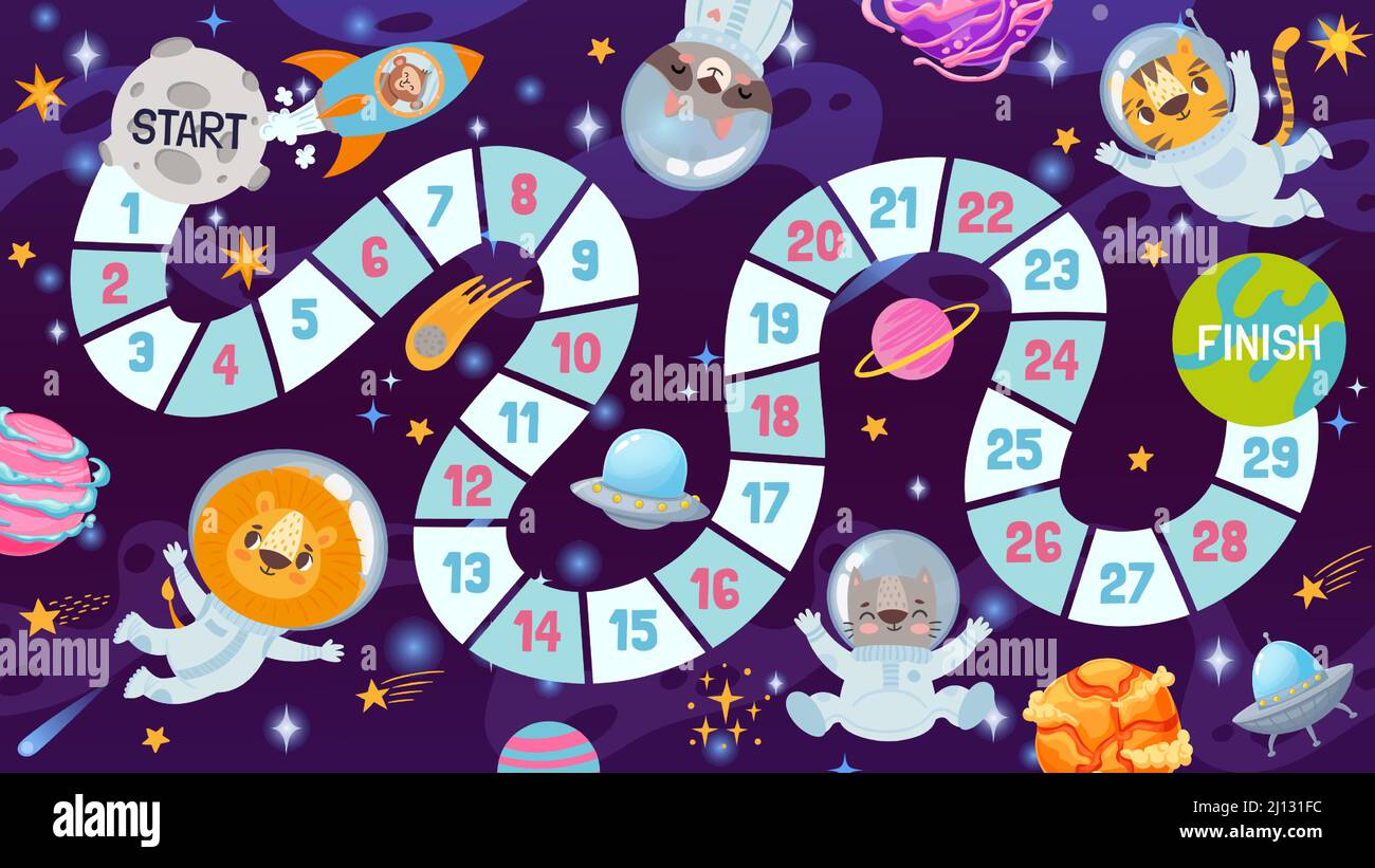 Cartoon space board game for kids with animals astronauts. Path map for