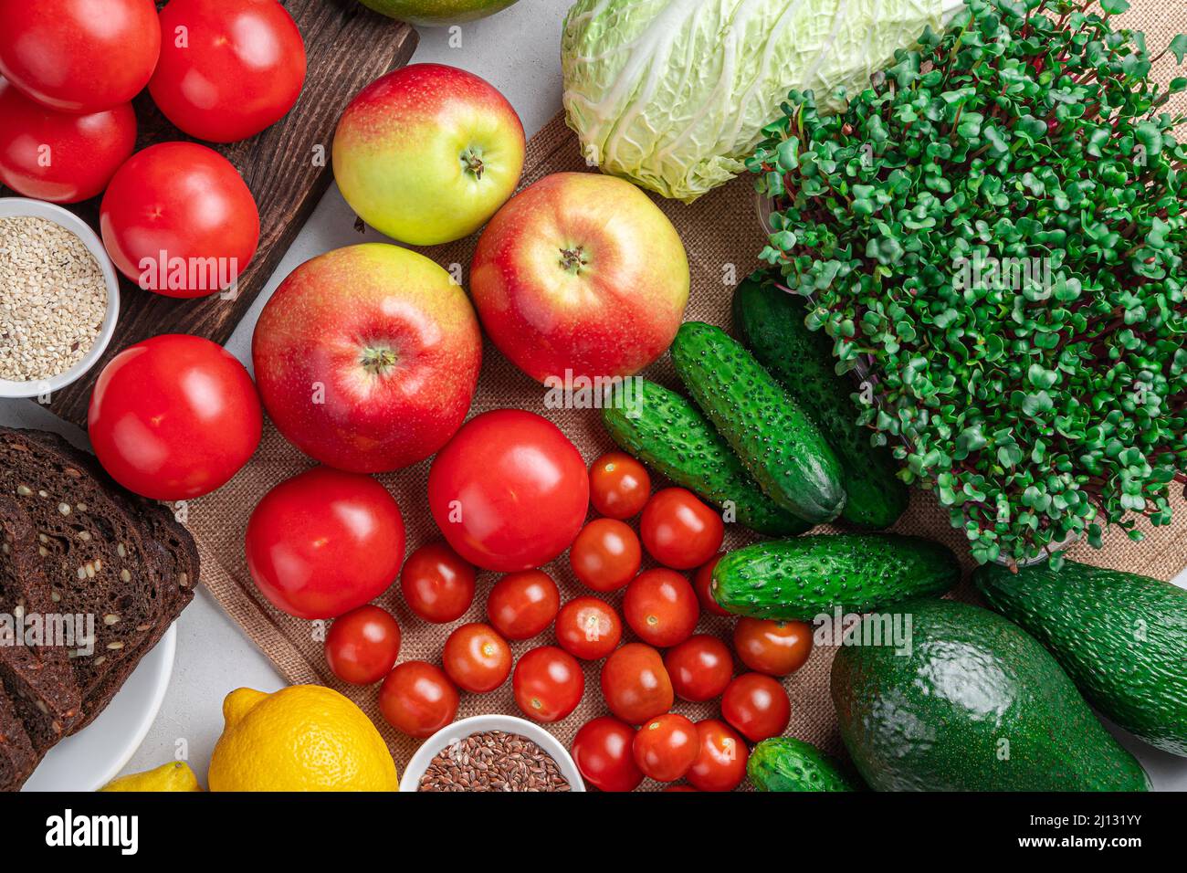 A set of products fresh vegetables, fruits, bread, herbs and seeds