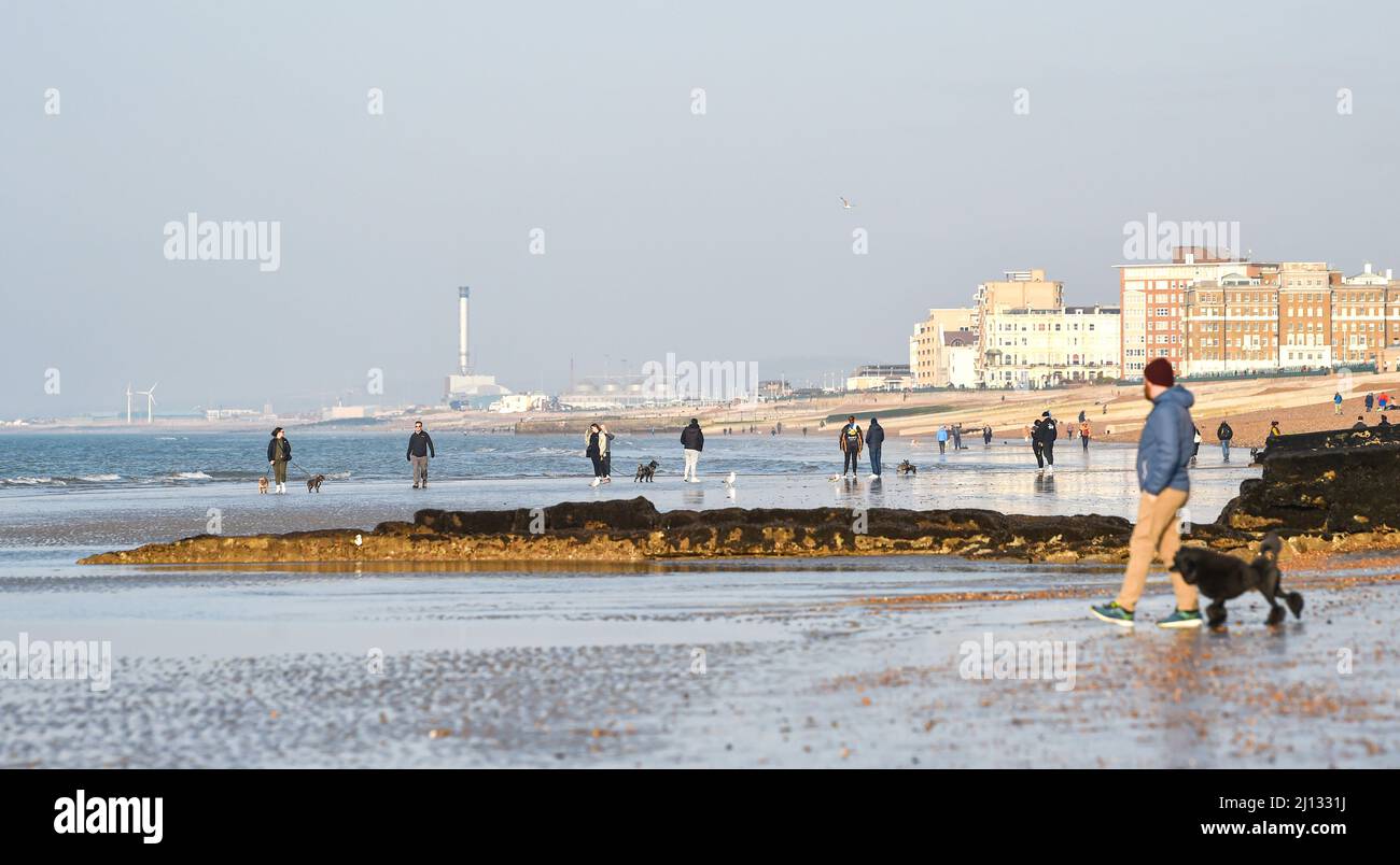 Brighton UK 22nd March 2022 - Walkers enjoy a beautiful sunny morning and the extra low tide in Brighton as warm sunny weather is forecast to continue throughout Britain with temperatures reaching the high teens in the South East: Credit Simon Dack / Alamy Live News Stock Photo