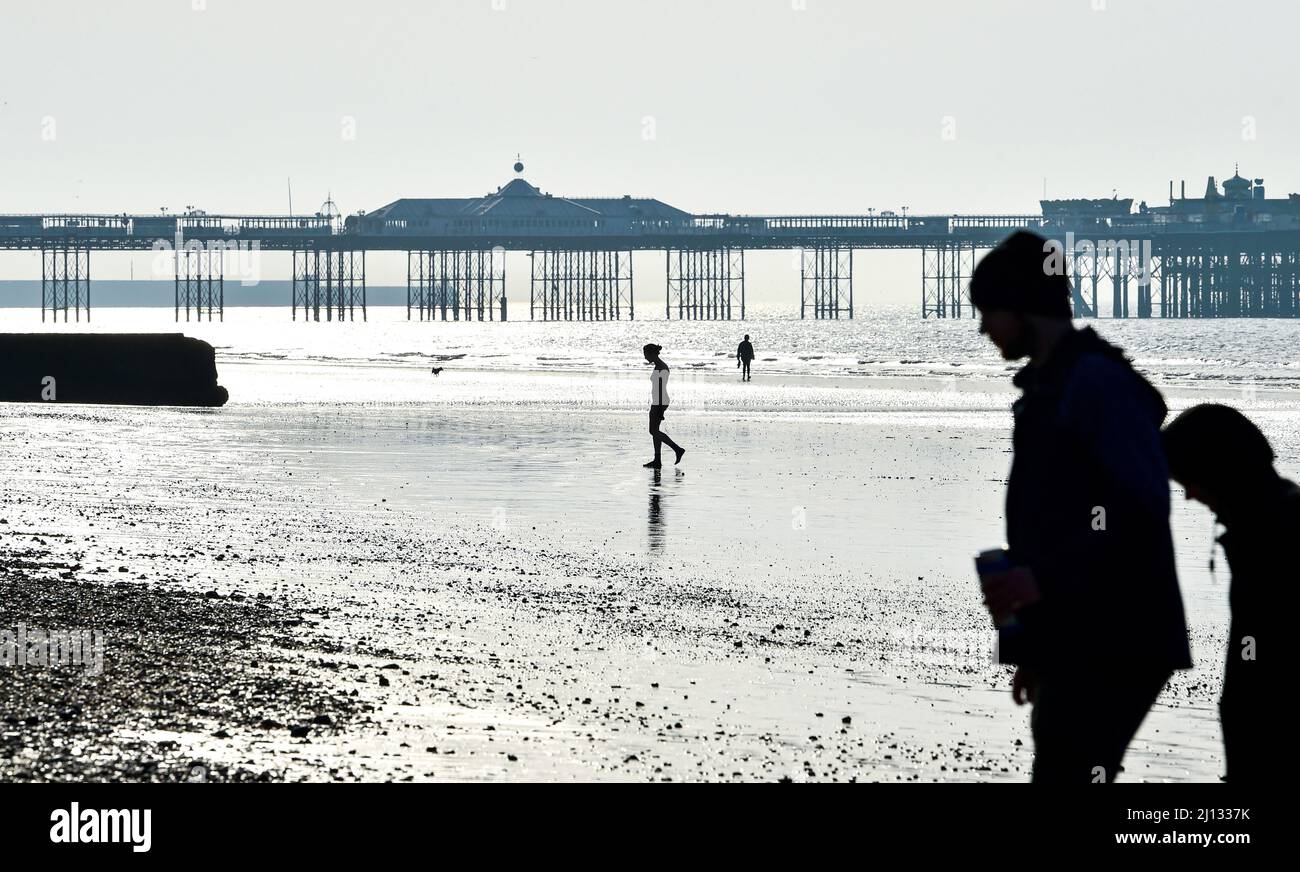 Brighton UK 22nd March 2022 - Swimmers and walkers enjoy a beautiful sunny morning and an extra low tide in Brighton as warm sunny weather is forecast to continue throughout Britain with temperatures reaching the high teens in the South East: Credit Simon Dack / Alamy Live News Stock Photo