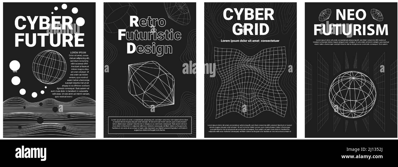 Neo futuristic abstract posters with grids and wireframe 3d objects. Cyberpunk future geometric designs. 90s retro surreal covers vector set Stock Vector