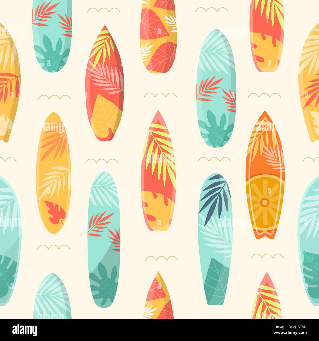 Cartoon summer seamless pattern with surfboard and tropical leaves. Sea surfing boards on waves. Beach vacation travel, surf vector print Stock Vector