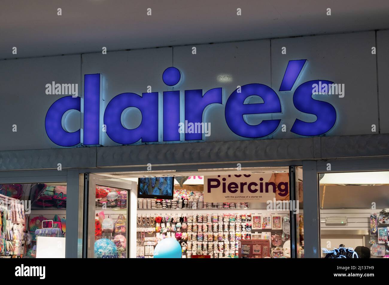 Belfast, UK- Feb 19, 2022: The sign for Claire's store in Belfast Northern Ireland. Stock Photo
