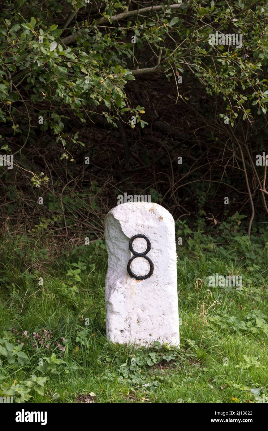 Figure 8 on a milestone beside a country road. Stock Photo