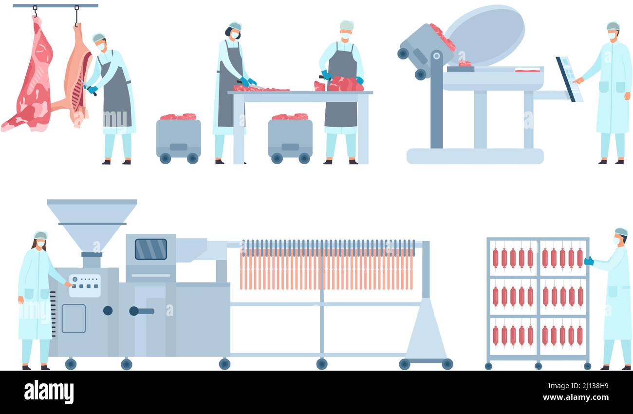 Beef sausages production process stages in factory with workers. Livestock meat products