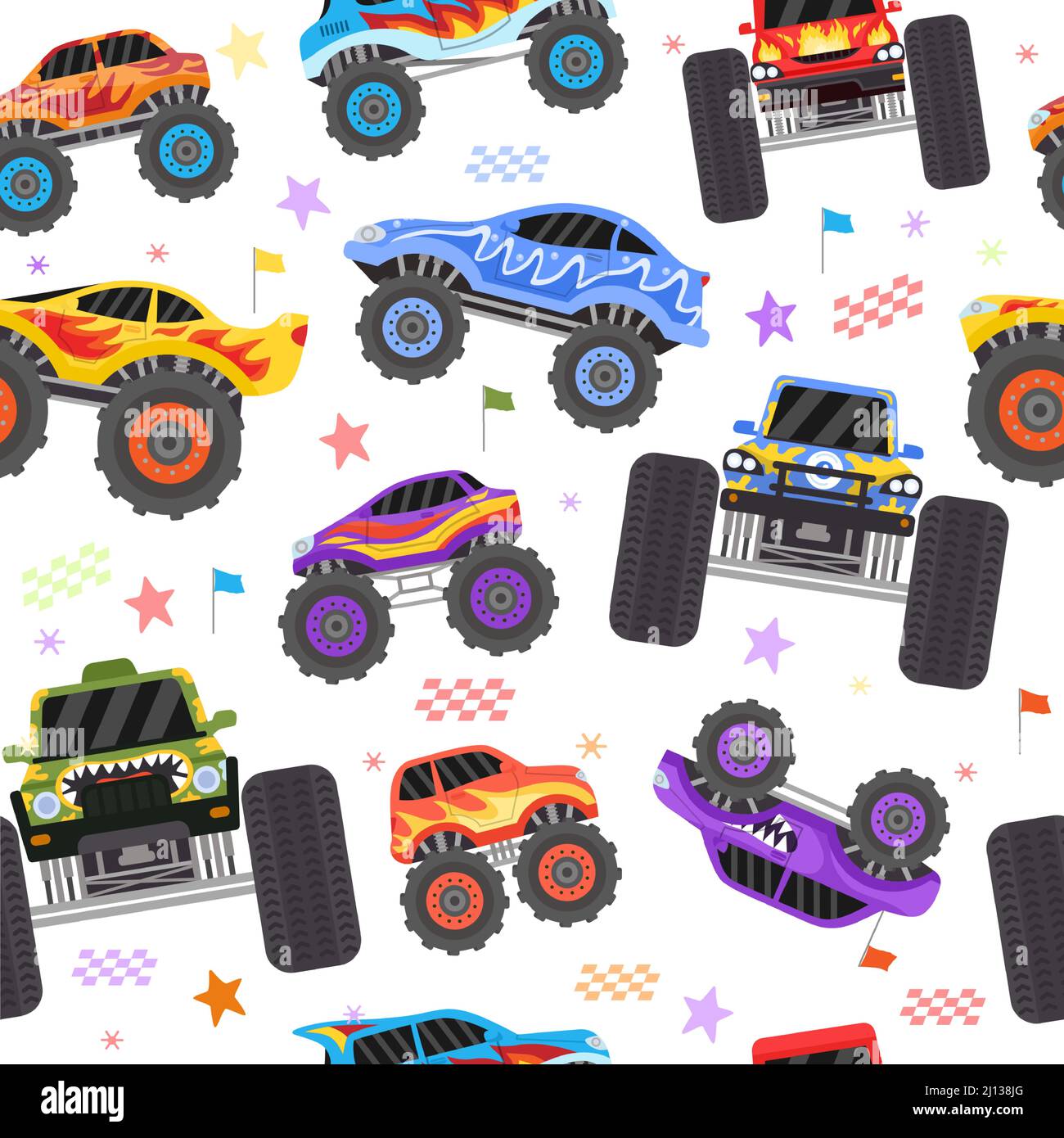 Seamless pattern with cartoon monster trucks for boy. Extreme racing heavy cars with big tires. Toys monster truck for cool kid vector print Stock Vector