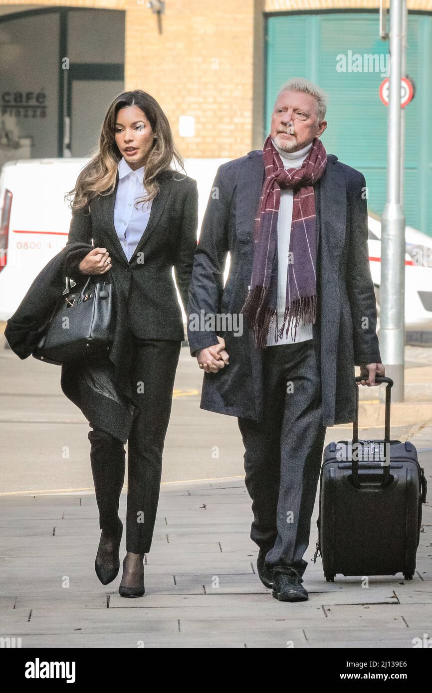 London, UK. 22nd Mar, 2022. Former tennis star Boris Becker arrives at Southwark Crown Court with his partner Lilian de Carvalho Monteiro. He stands trial accused of failing to hand over his tennis trophies to settle existing debts after previously being declared bankrupt. Credit: Imageplotter/Alamy Live News Stock Photo