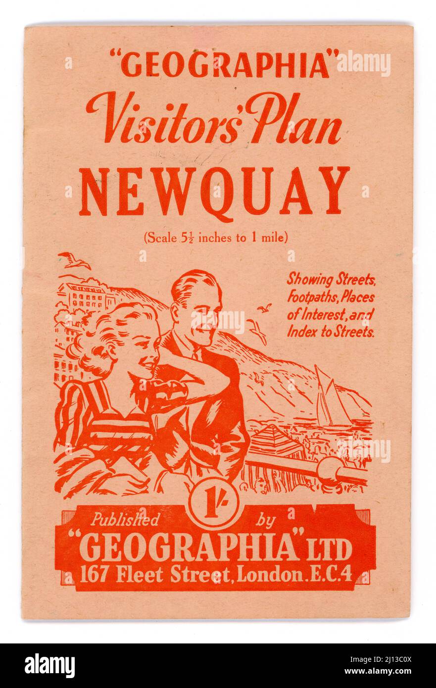 Original retro 1940's Geographia series tourist guide - Visitors Plan Newquay. Town plan. Published by Geographia Ltd. 167 Fleet Street, London, EC4. The illustration shows a happy couple out enjoying themselves in Newquay, Cornwall, U.K. circa 1945 / 1946 Stock Photo