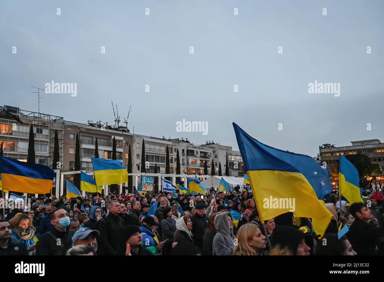 Tel Aviv. Israel - March 20, 2022: Rally in support of Ukraine in Tel Aviv on Habima square. Broadcast of Zelensky's appeal to the Israeli government Stock Photo