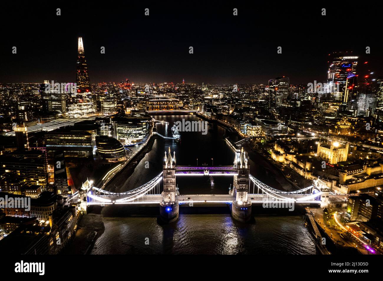 City of London Tower bridge  view at night drone aerial Stock Photo
