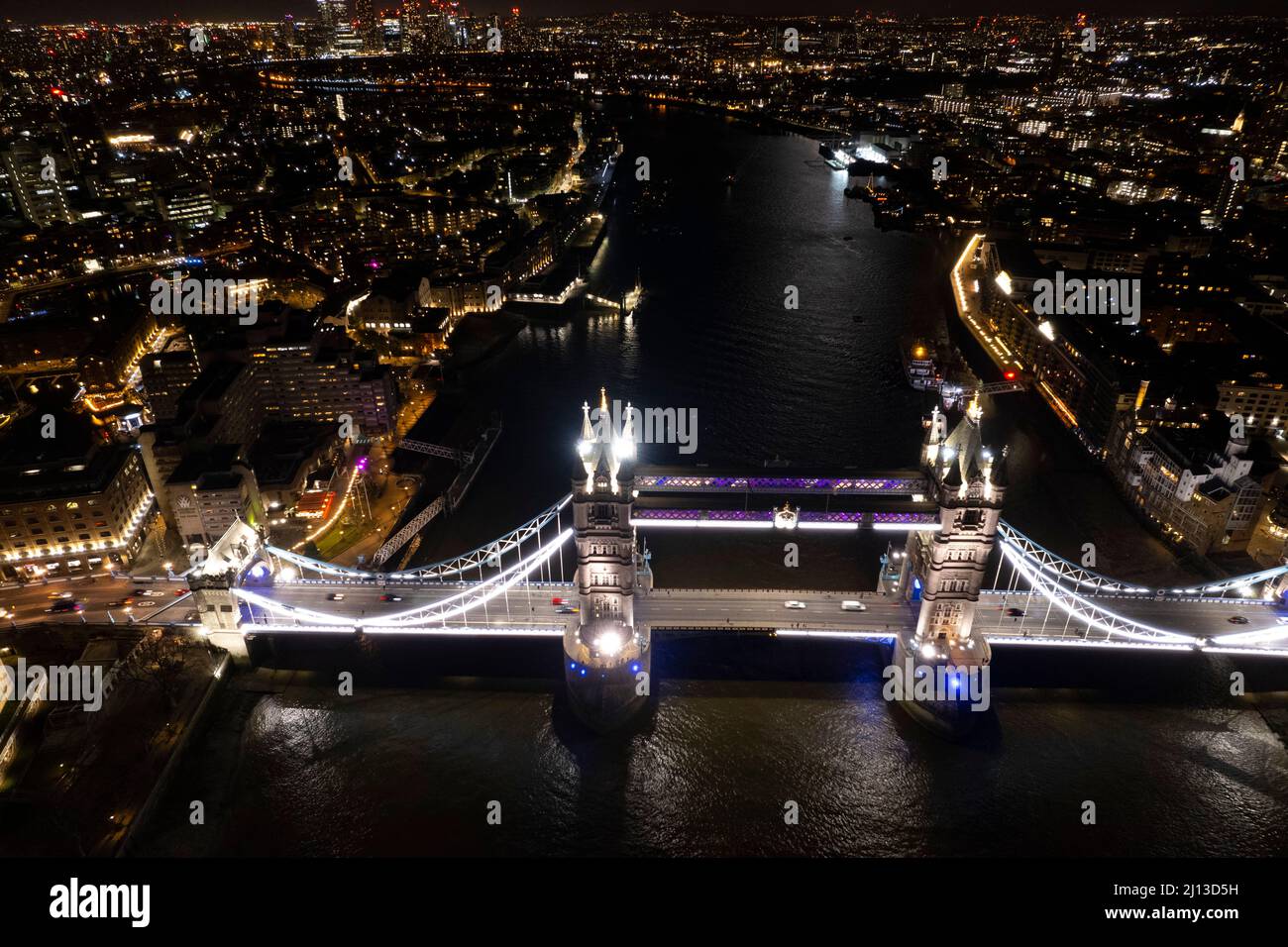 City of London Tower bridge  view at night drone aerial Stock Photo