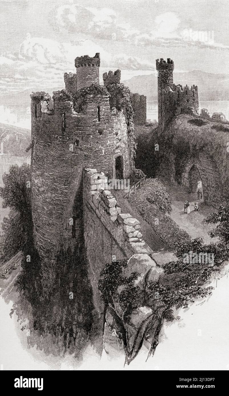 Conwy Castle, Conwy, Wales.  The Bakehouse tower, seen here in 1880 before recontruction repairs began. From Welsh Pictures, published 1880. Stock Photo