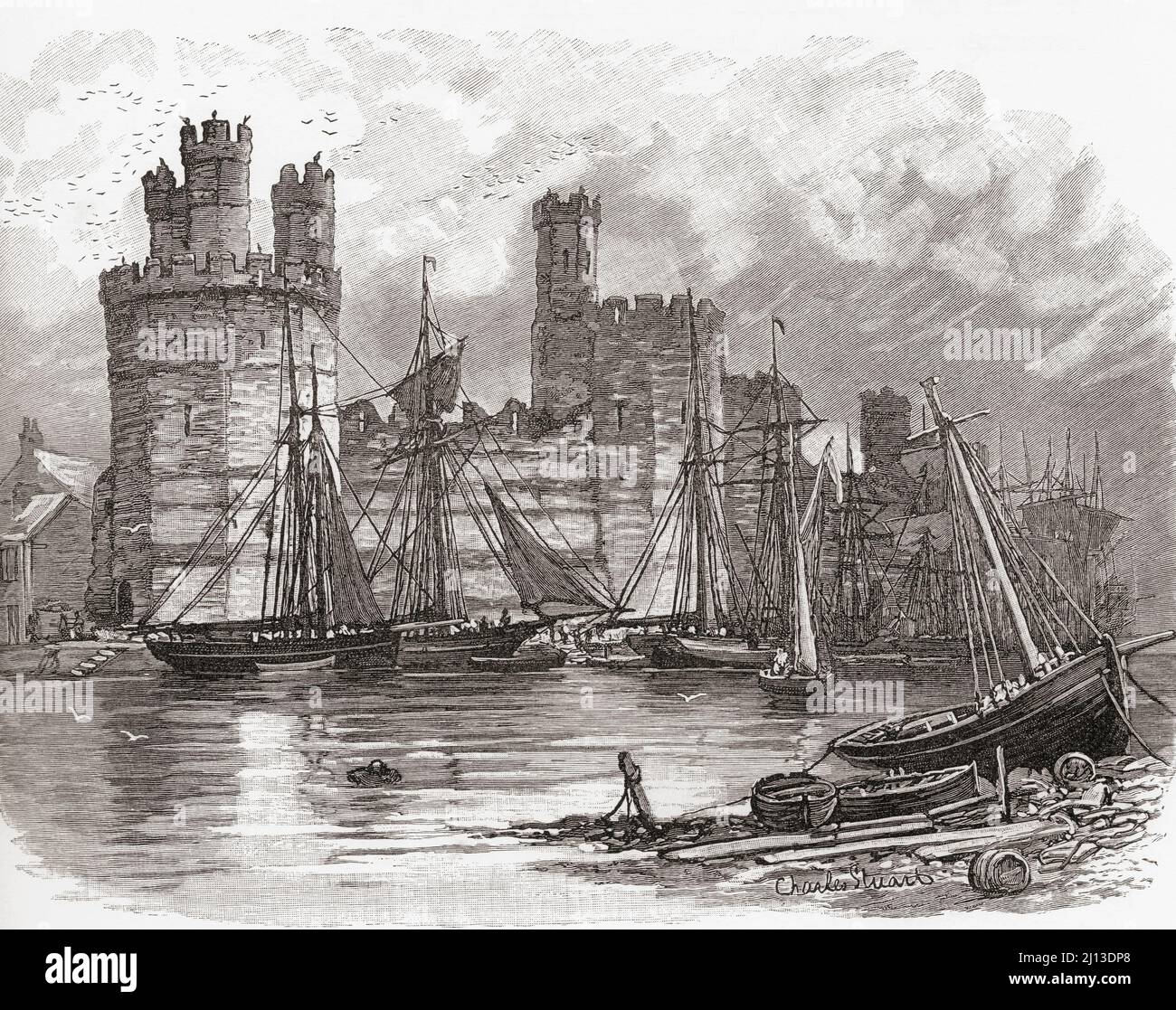 Caernarfon Castle, aka Carnarvon Castle or Caernarvon Castle, Caernarfon, Gwynedd, north-west Wales, seen from across the River Seiont in the 19th century.  From Welsh Pictures, published 1880. Stock Photo