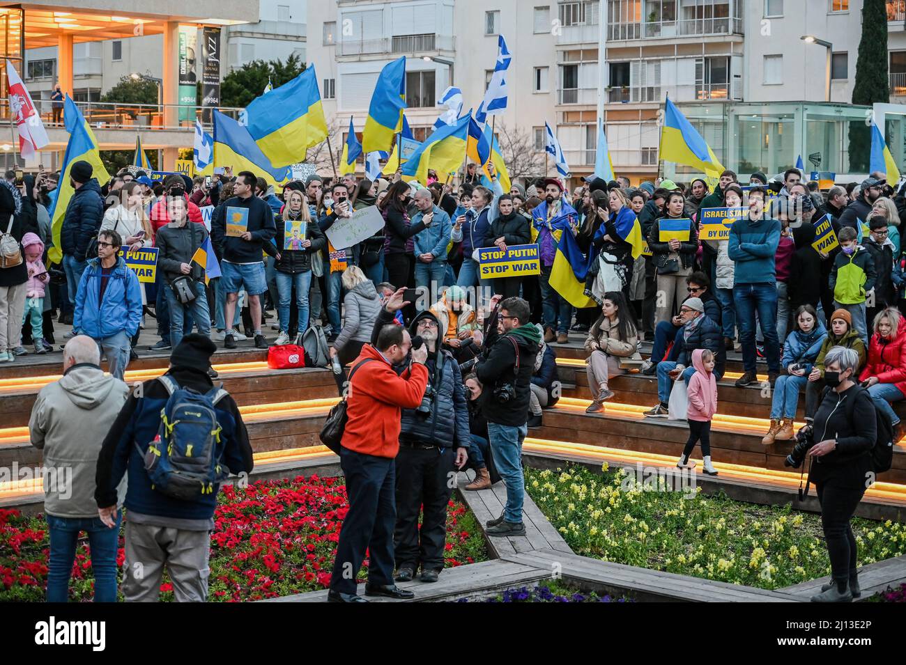 Tel Aviv. Israel - March 20, 2022: Rally in support of Ukraine in Tel Aviv on Habima square. Broadcast of Zelensky's appeal to the Israeli government Stock Photo