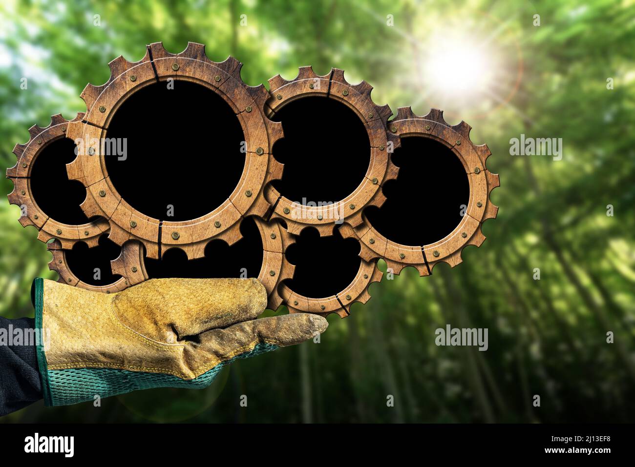 Hand with protective work glove holding a group of seven wooden cogwheels (gears) with copy space, in a green forest. Sustainable resources concept. Stock Photo