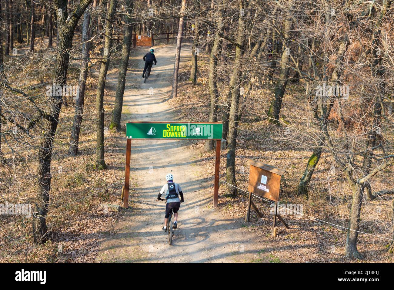 Bikers at start point of Sopron Downhill mountain biking trail at Varhely-kilato, Sopron Mountains, Sopron, Hungary Stock Photo