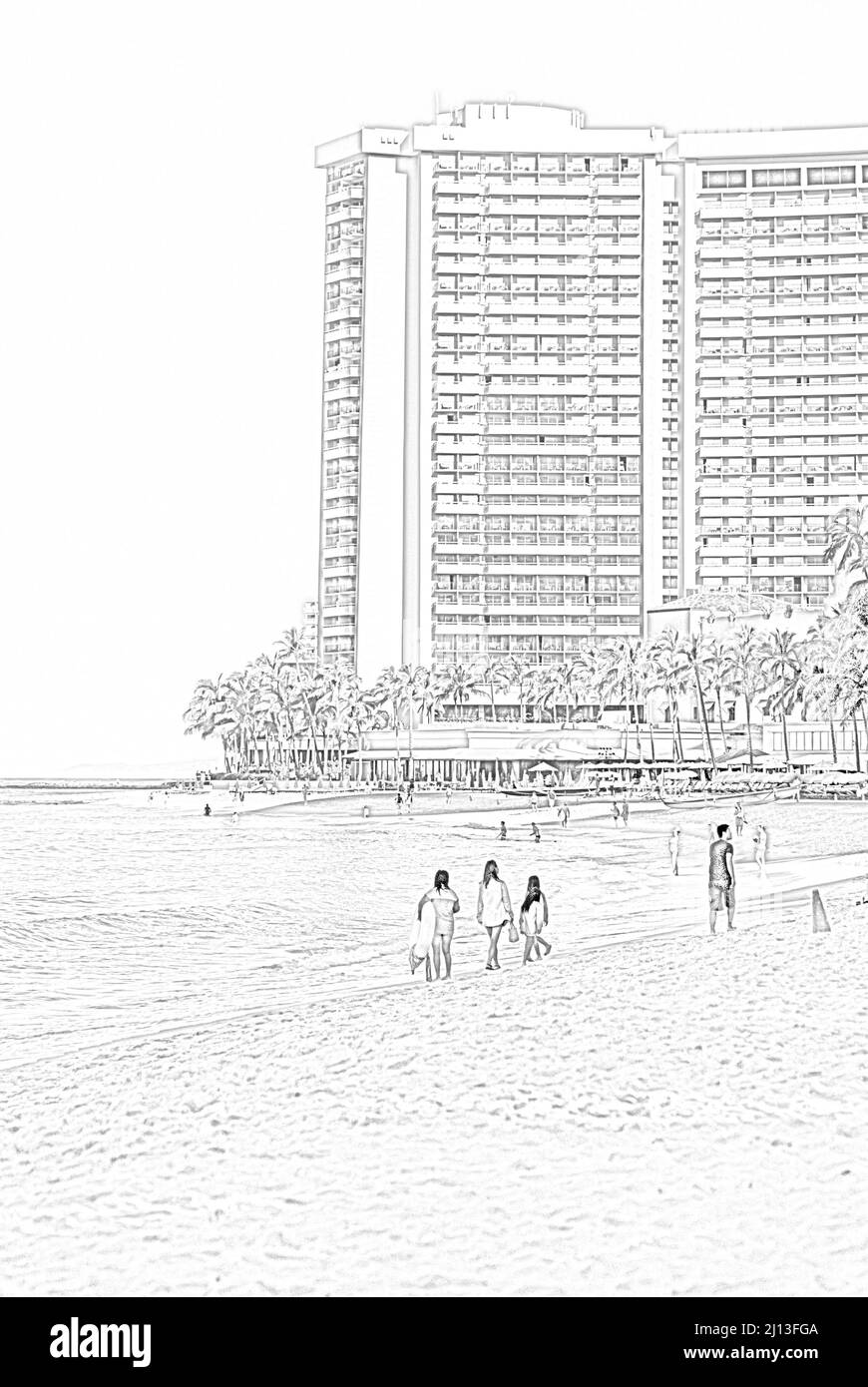 Honolulu, Hawaii - May 02, 2015: Pencil drawing of tourist enjoying world famous Waikiki Beach, Waikiki Beach Stock Photo