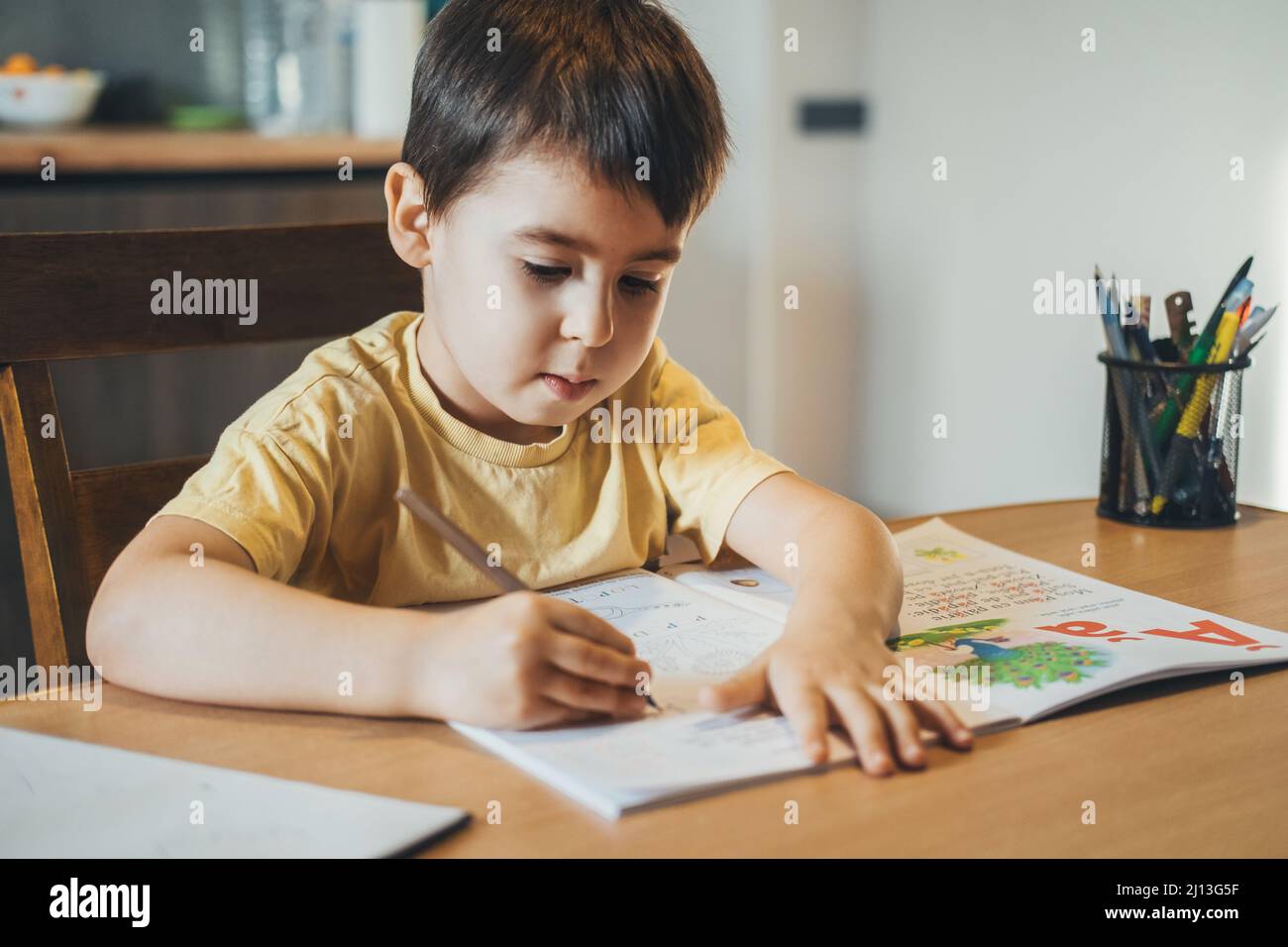 Caucasian boy with book writing to notebook at home. Children education ...