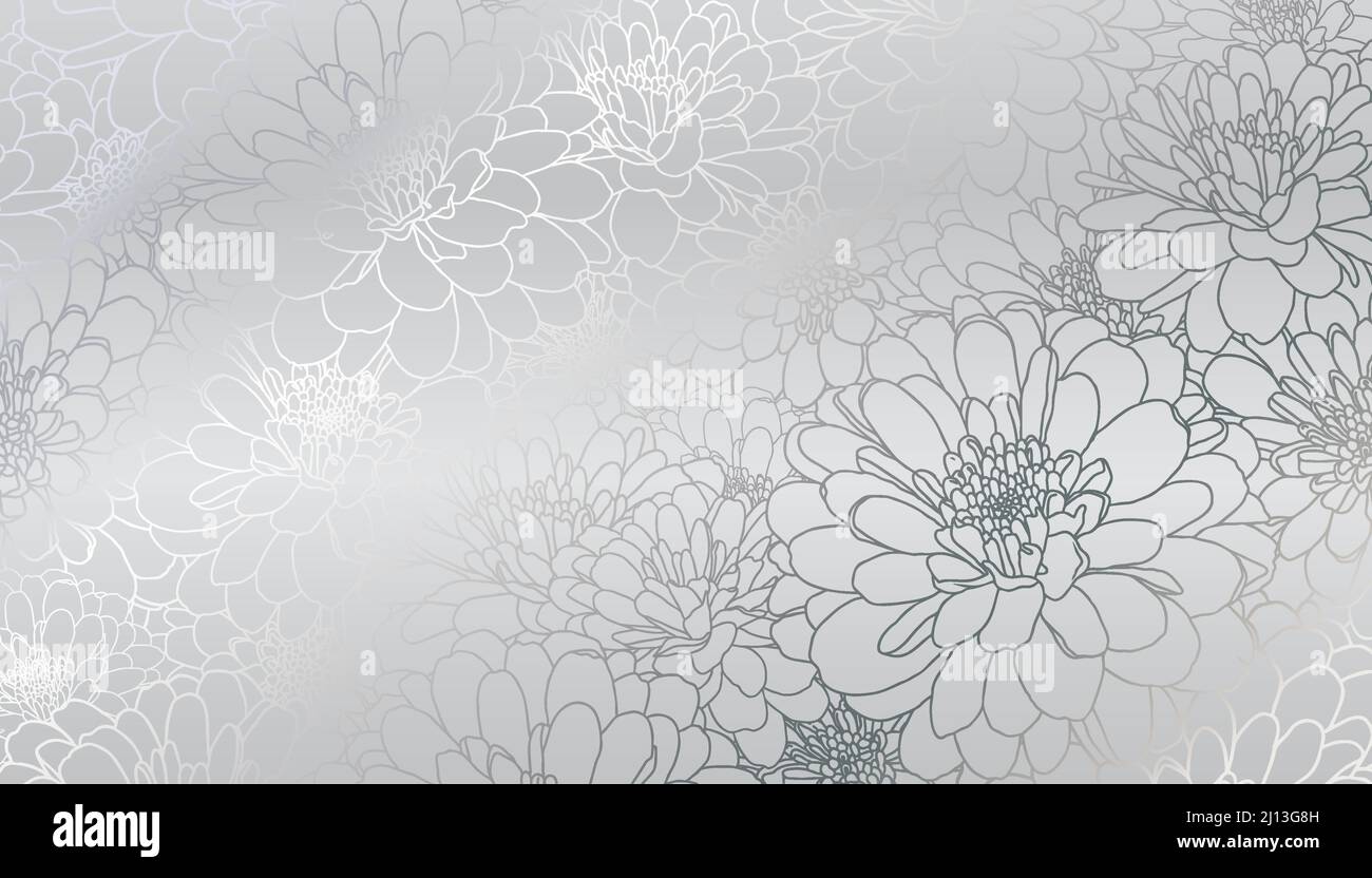 Luxurious art deco silver chrysanthemum flowers hand drawn line art. Wallpaper design for print, poster, cover, banner, fabric, invitation. Digital vector illustration.. Stock Vector