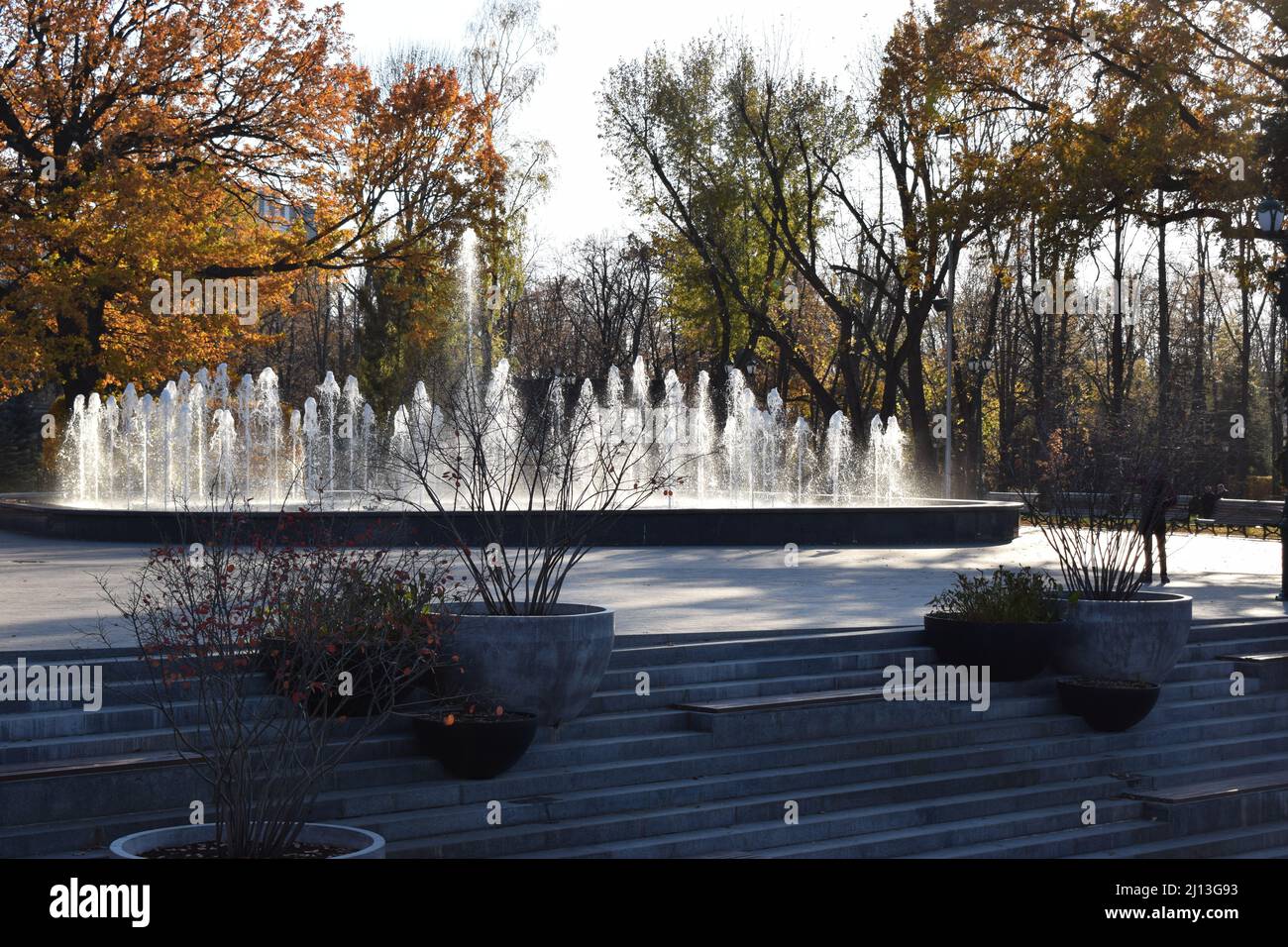 Kharkov, Ukraine. 2021, October 26. Jets of decorative fountain in the park at autumn foliage in the backlight. Selective focus. Movement of water jet Stock Photo
