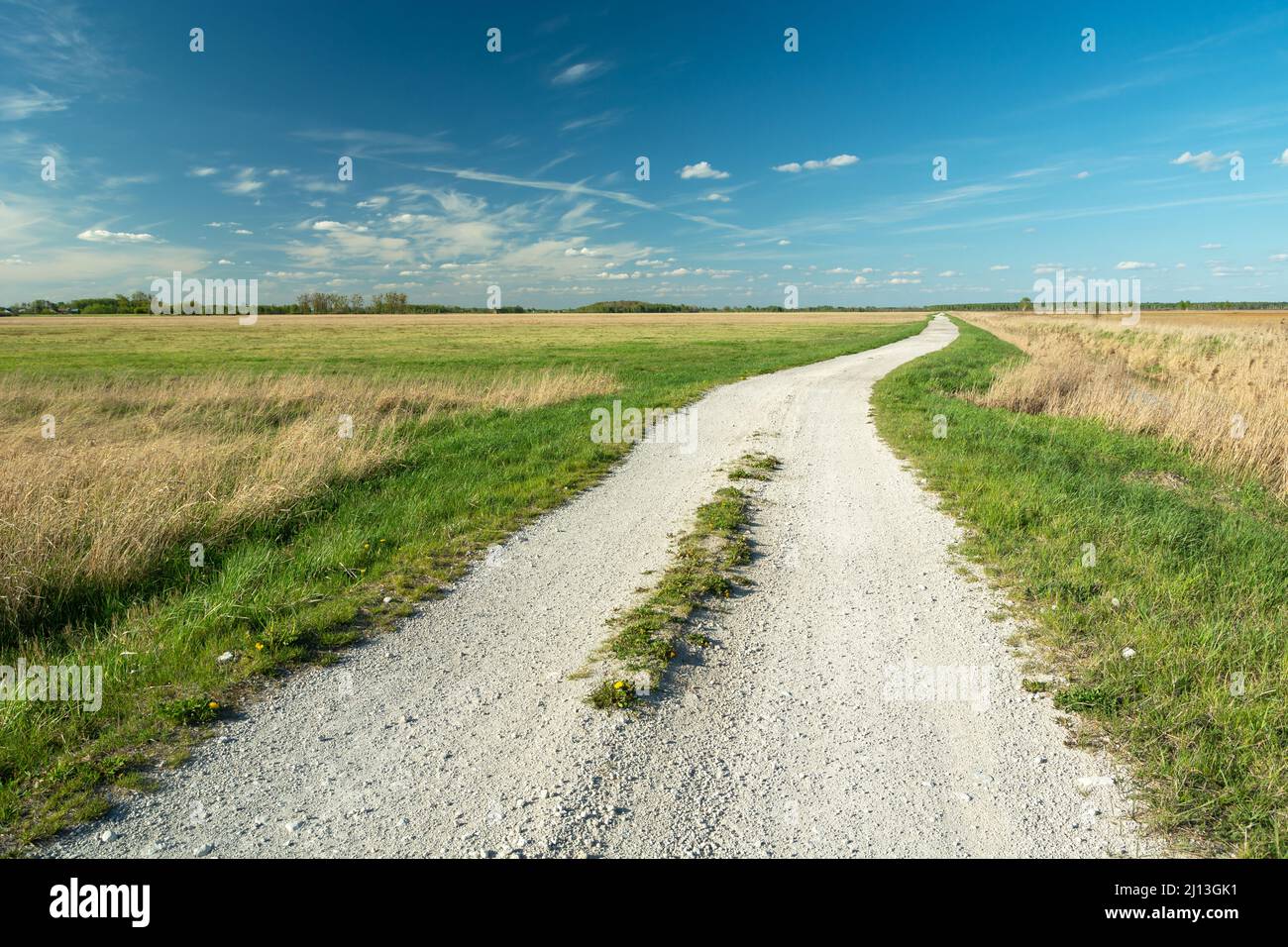 A gravel road through wild meadows and clear skies, Gotowka, Poland Stock Photo