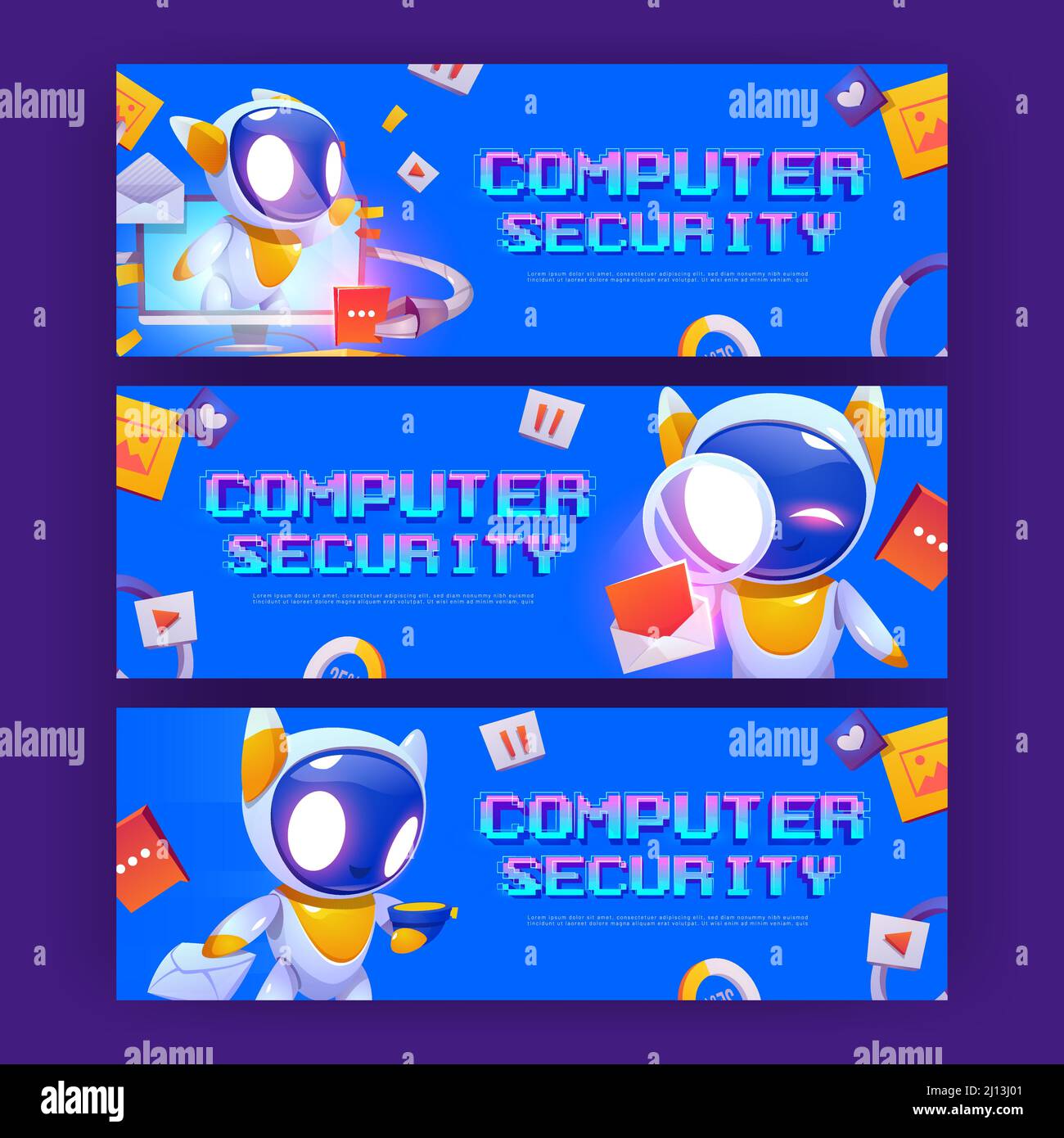 Computer security banners with cute robot protect privacy information