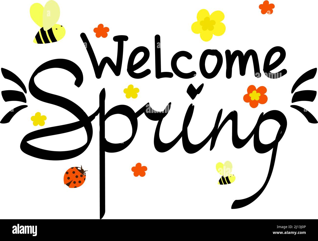 Spring inscription. Flowers and insects. Seasonal quote. Bees