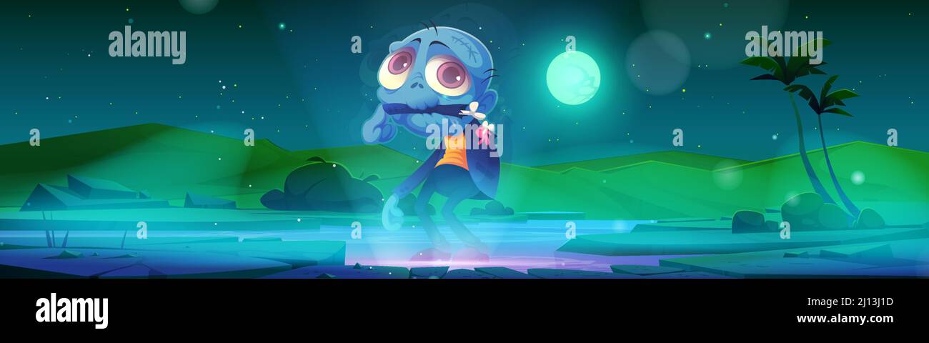 Zombie Halloween character rise from the grave. Cartoon eerie personage, dead monster with blue skin, torn dirty clothes eating own hand at midnight landscape. Creepy game scene, Vector illustration Stock Vector