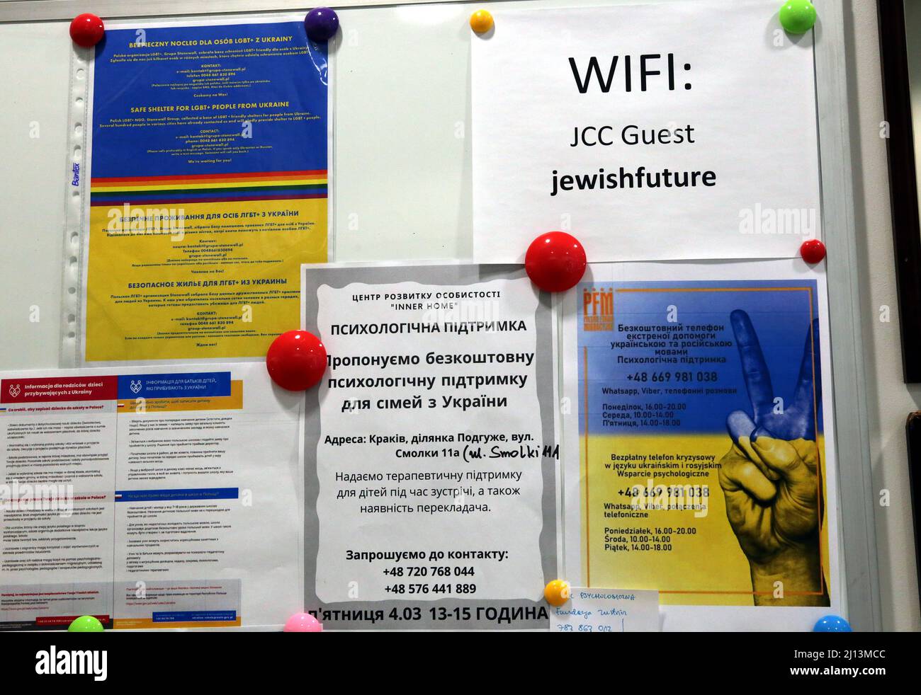 Cracow. Krakow. Poland. Message board at Jewish Community Center  with information about psychological and LGBT+ friendly accomodation Stock Photo